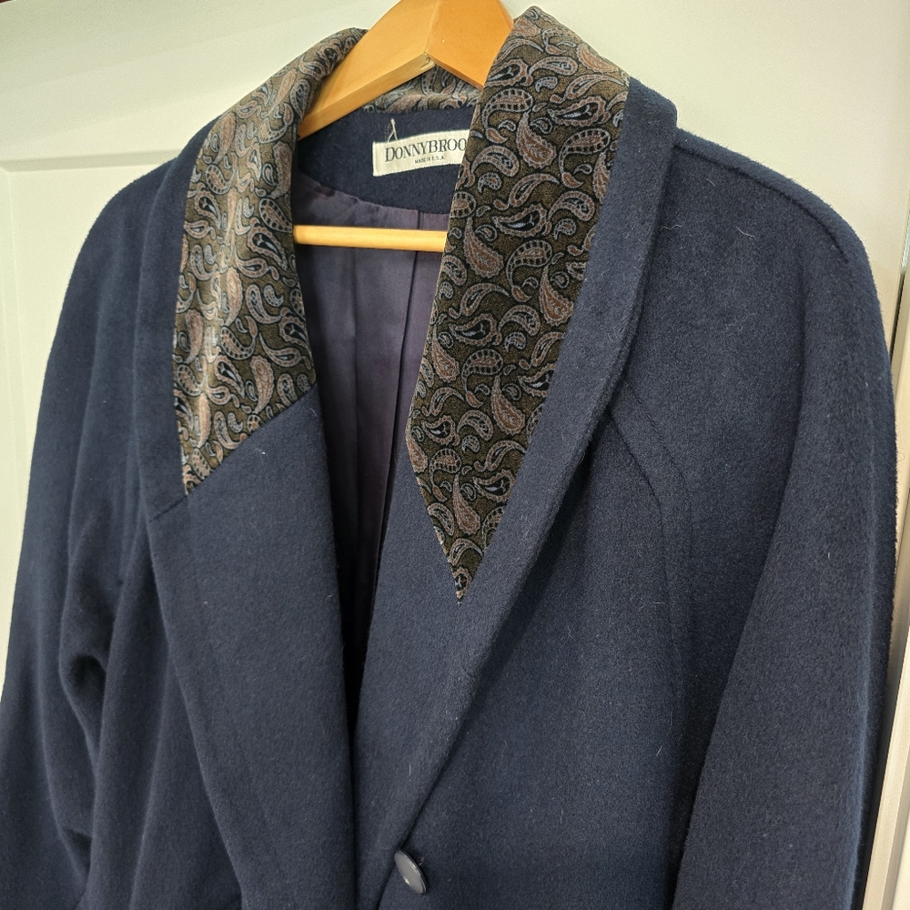 VTG DONNYBROOK Wool Blend Trench Coat Women's 16p Long Navy Blue Paisley